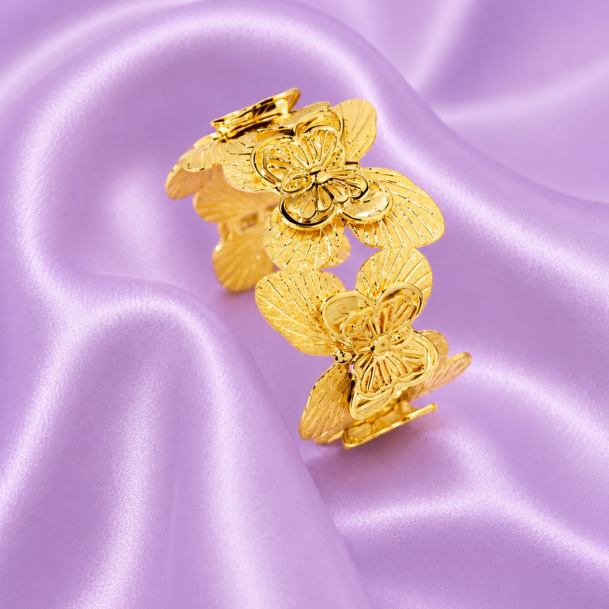 Floral Leaf Gold Open Bangle Bracelet